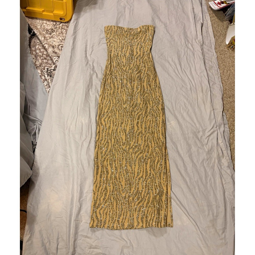 Charlotte Russe Y2K Gold Glitter Zebra Strapless Maxi Dress M Side Slit USA